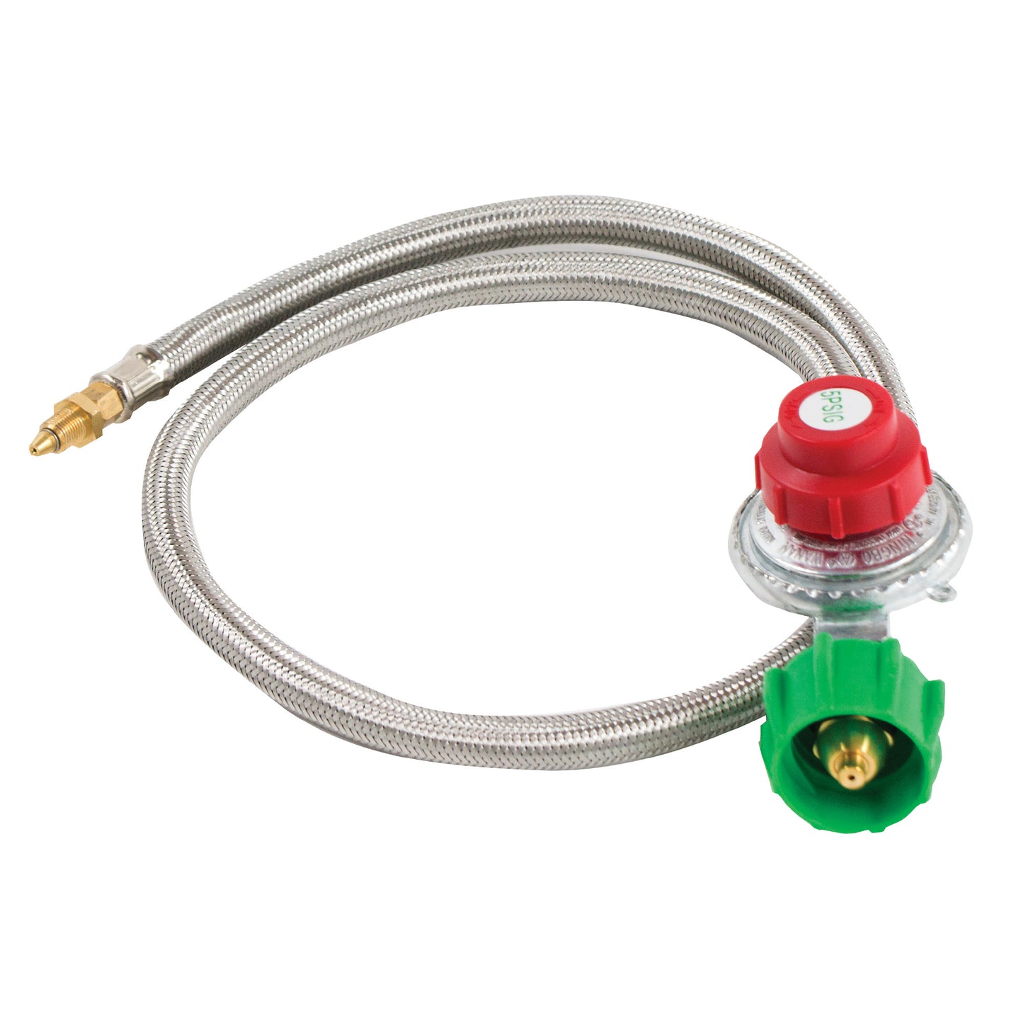 A stainless braided LPG hose with a red adjustable high pressure regulator and a green 1/8-in male orifice connector.