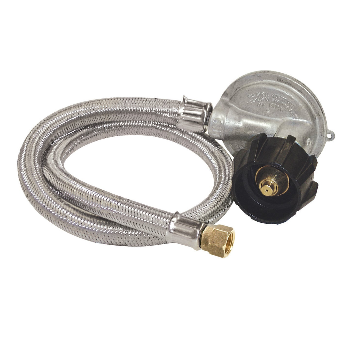 Stainless braided LPG hose with a low pressure regulator and swivel fitting, intended for use with gas grills on a white background