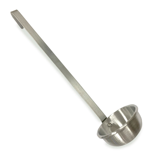 A silver aluminum Bayou ladle with a long handle and a small bowl.