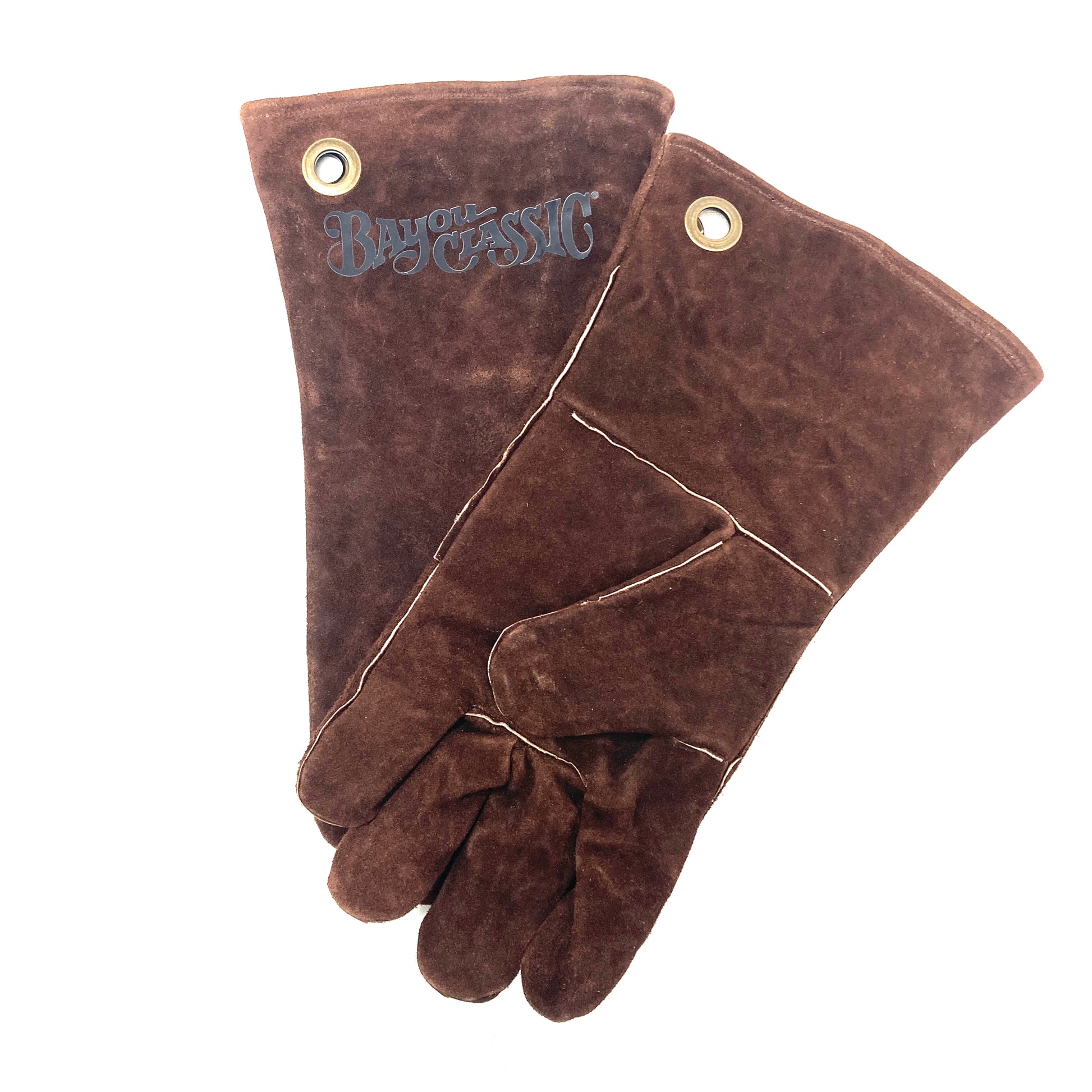 A pair of brown brushed leather gloves with the 'Bayou Classic' brand name embossed on the front