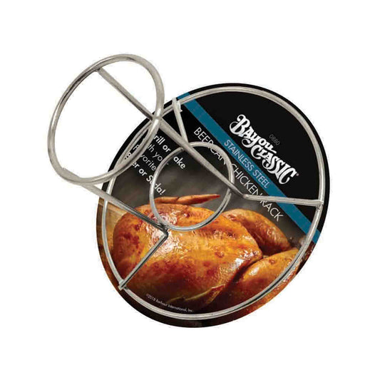 A stainless steel beer can chicken rack with a picture of a roasted chicken on the packaging.