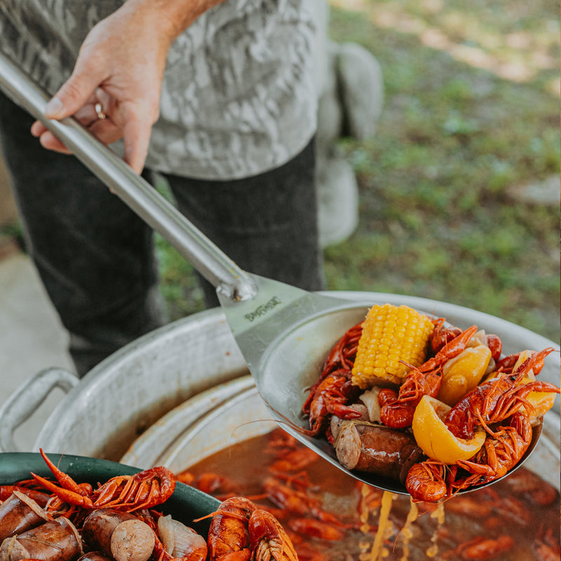 Large Bayou Spoon serving crawfish and corn from a stockpot