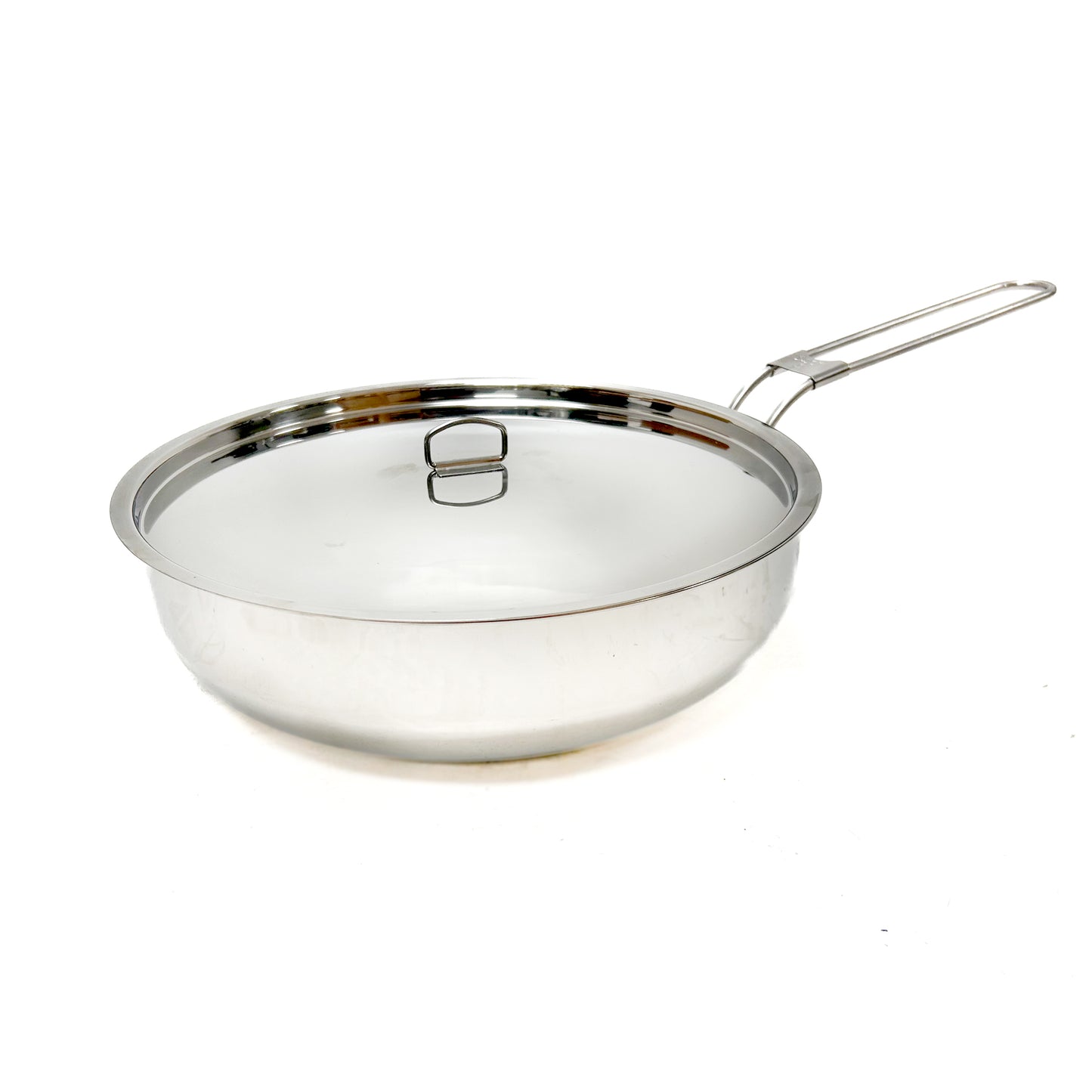 Stainless steel frying pan with lid on a white background