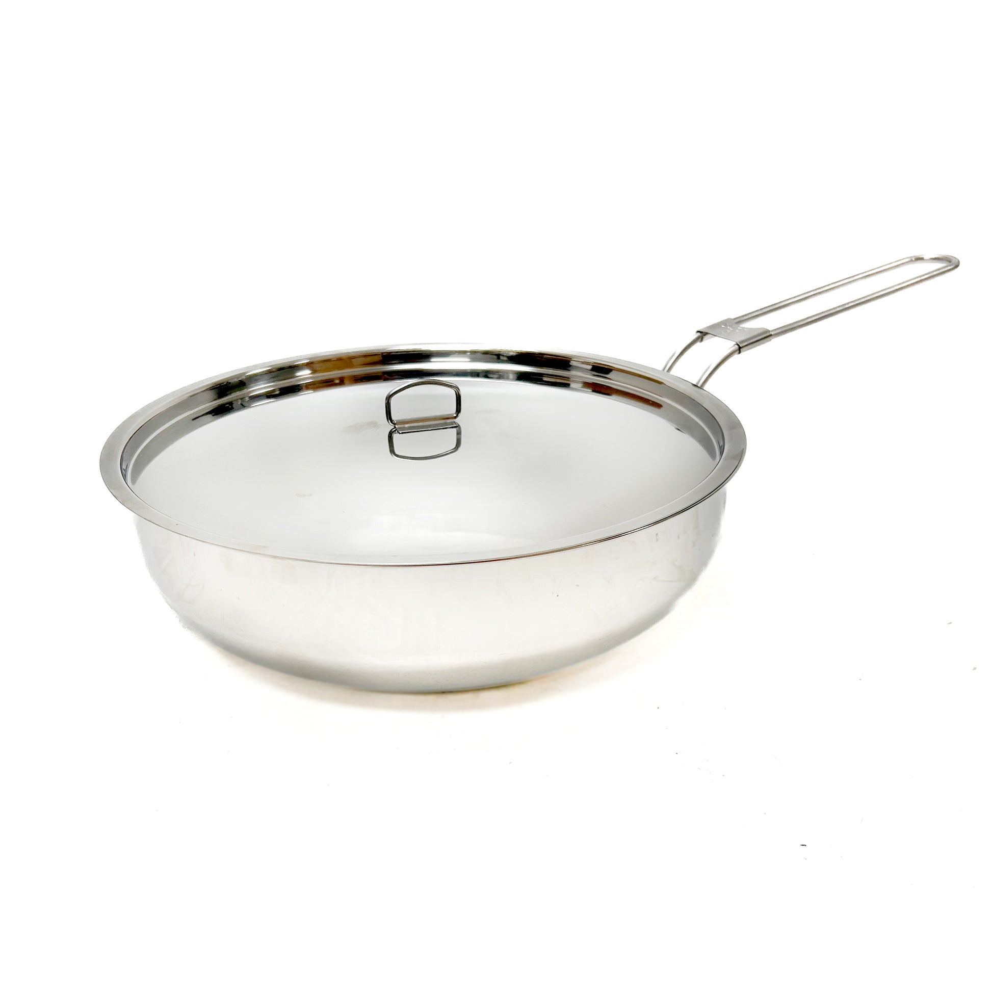 Stainless steel frying pan with lid on a white background