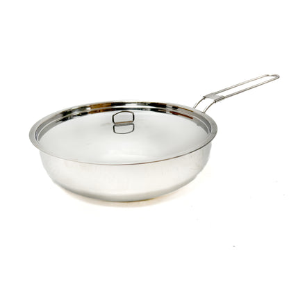 Stainless steel frying pan with lid on a white background