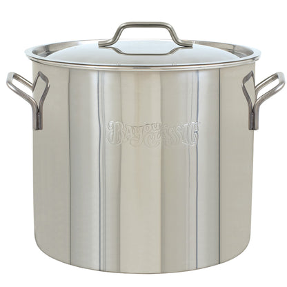 A stainless steel stockpot with a domed lid on a white background.