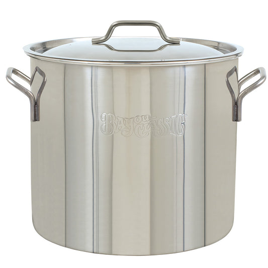 A stainless steel stockpot with a domed lid on a white background.