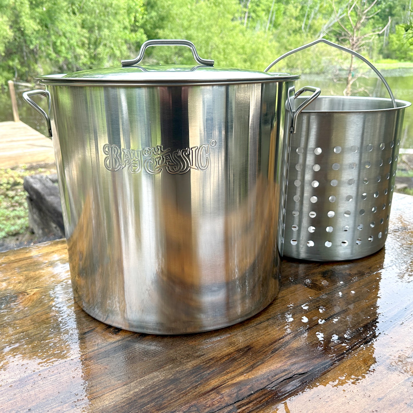 40-qt Stainless Stockpot with Basket in an outdoor setting