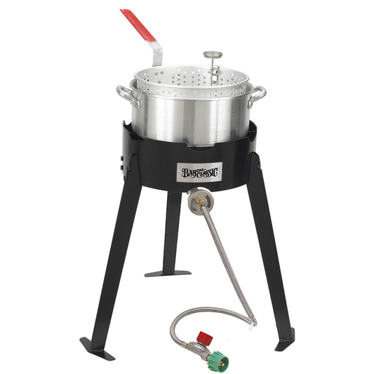 An outdoor aluminum fish cooker set with a propane fueled burner base, a 10-qt fry pot, an aluminum strainer basket with a heat resistant handle, and a 5-inch stainless thermometer.