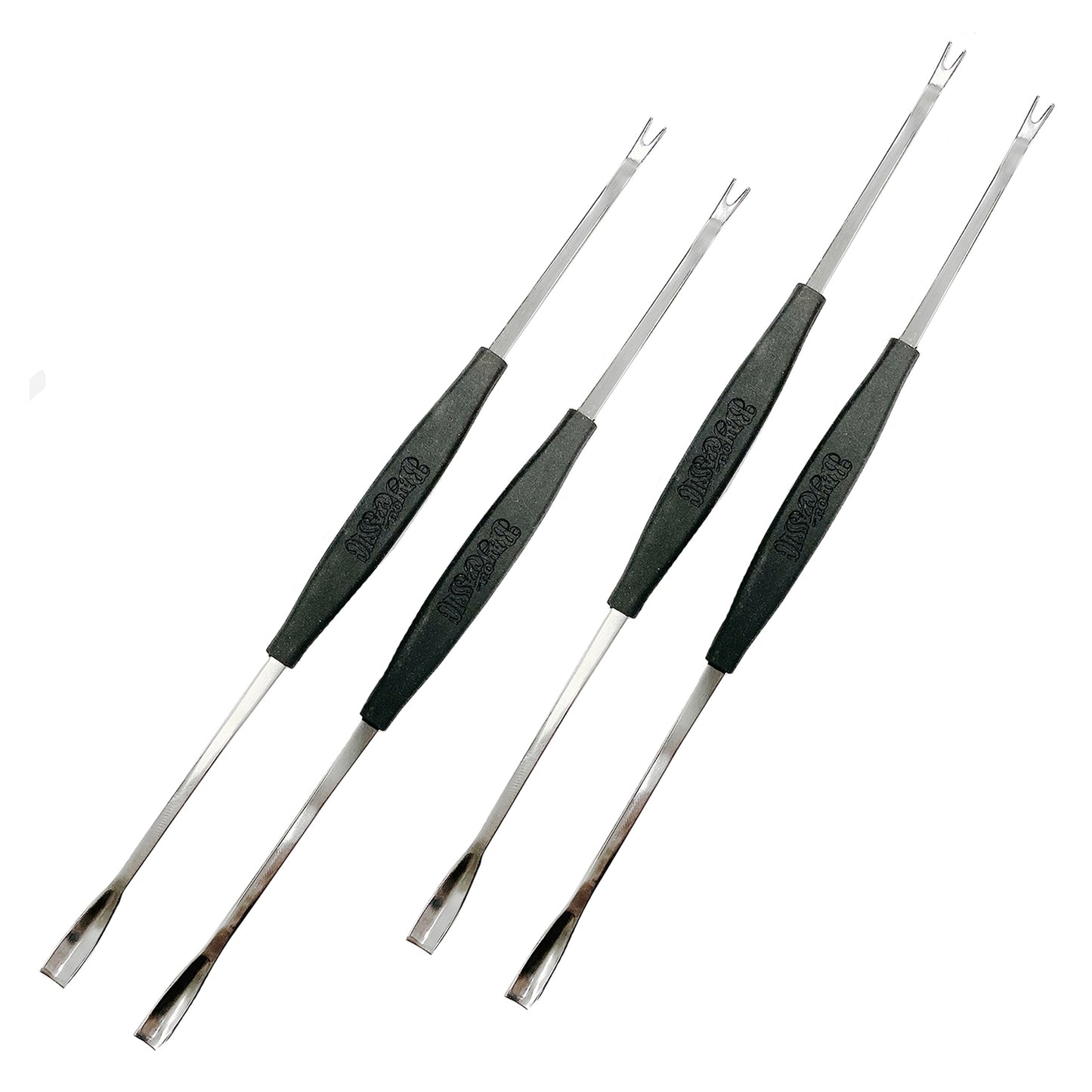 Set of four stainless steel seafood forks with black non-slip center grip on a white background.