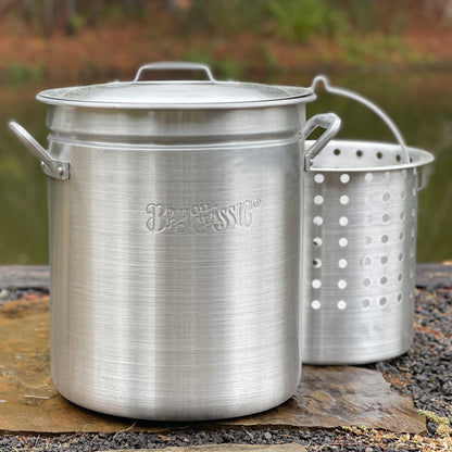 60-qt Aluminum Stockpot with Basket in an outdoor setting