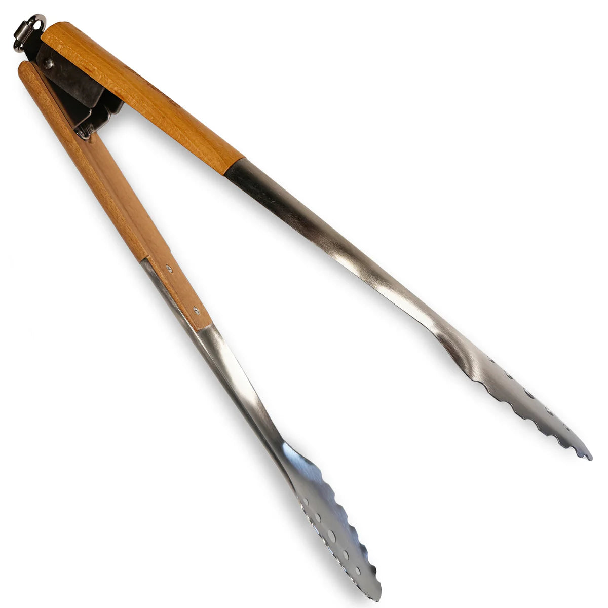 Stainless scalloped tongs with wooden handle on a white background
