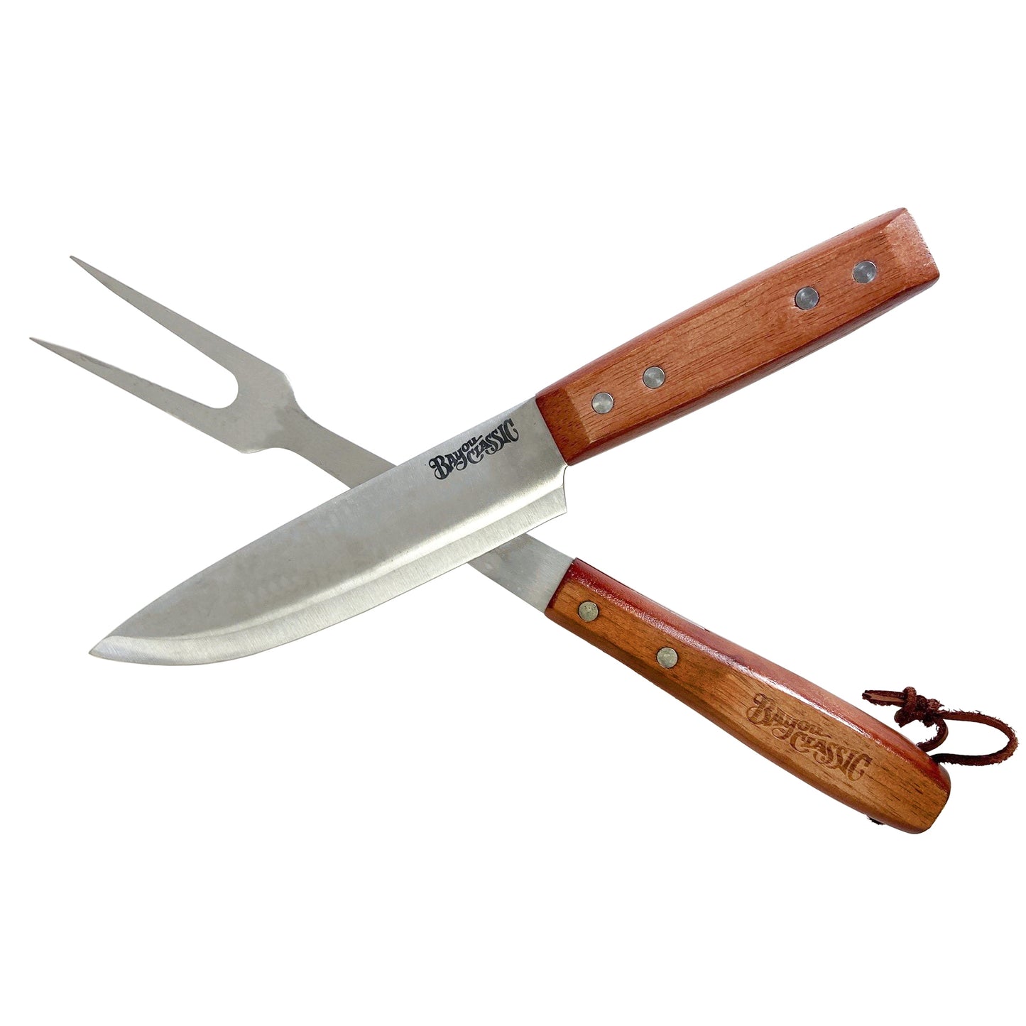 Stainless butcher knife and fork set with wooden handles on a white background