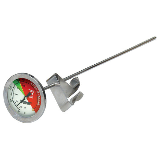 A stainless steel Bayou Classic 12-inch fry thermometer with a stem clip and a tempered glass dial face indicating temperature ranges for frying.