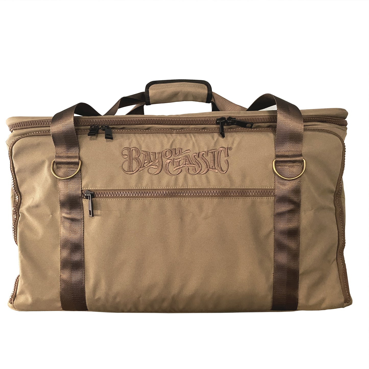 A brown Sportsmans Gear Bag with brown straps and antique brass D-rings, featuring the Bayou Classic logo on a white background