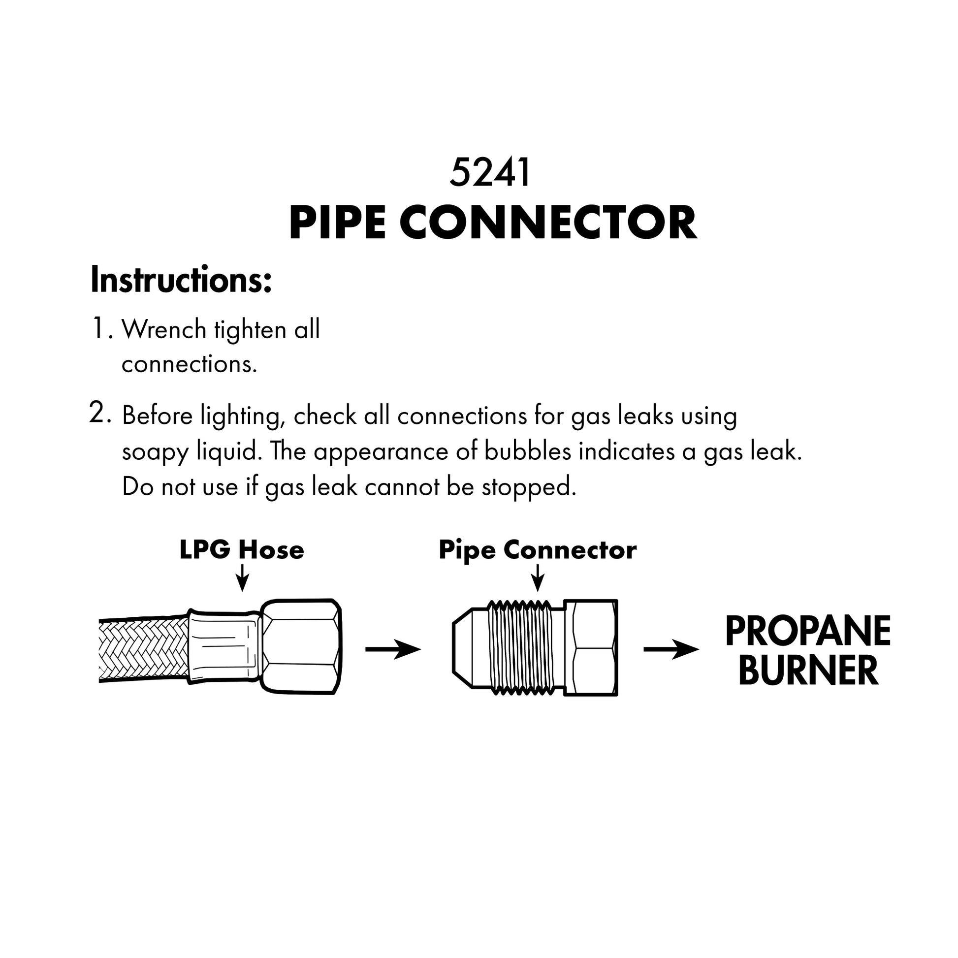 Diagram of LPG hose to pipe connector to propane burner. Instructions: number one - wrench tighten all connections. Number two - before lighting, check all connections for gas leaks using soapy liquid. The appearance of bubbles indicates a gas leak. Do not use if gas leak cannot be stopped.