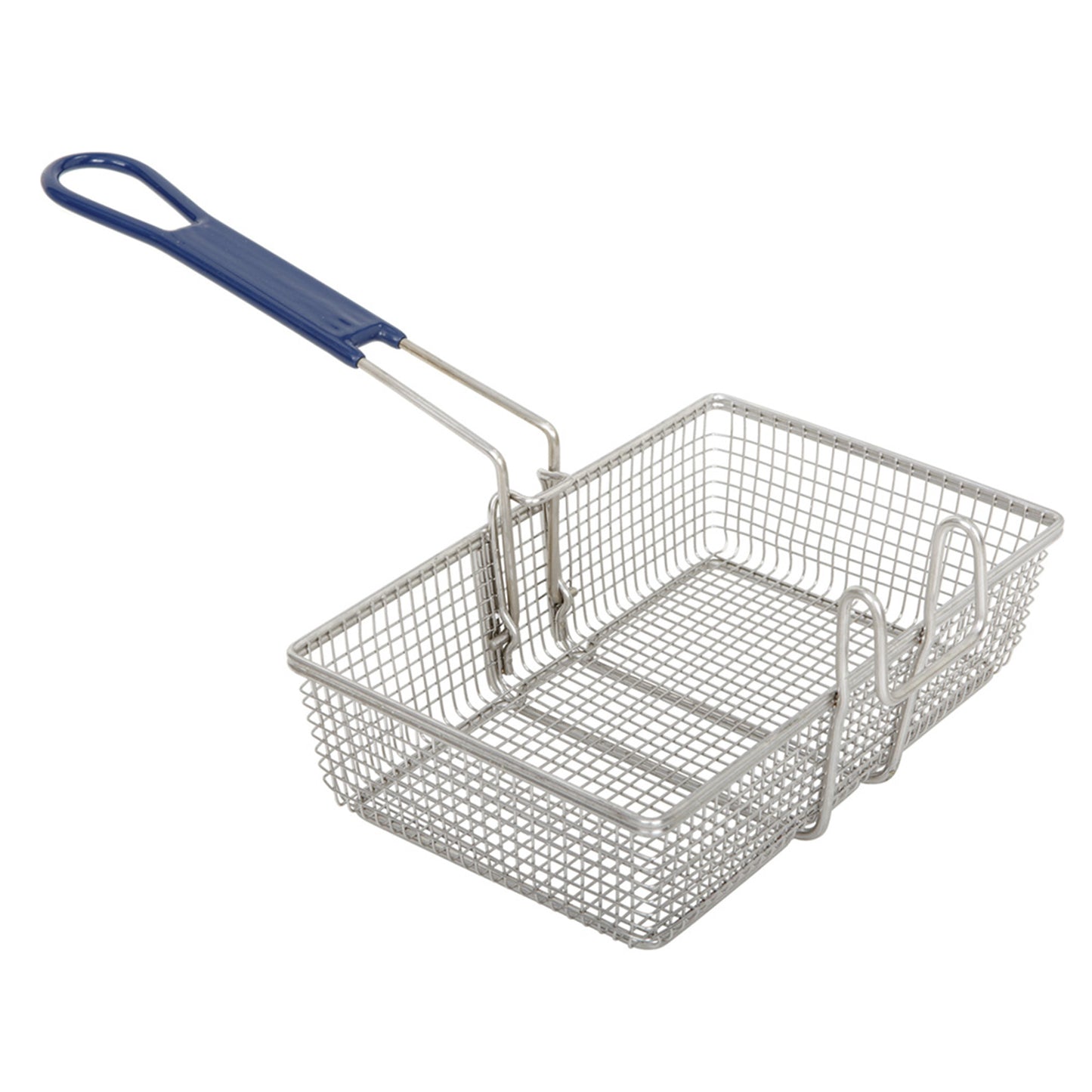 A stainless steel wire mesh fry basket with a blue cool touch handle designed for a 2.5-gallon Bayou Fryer.