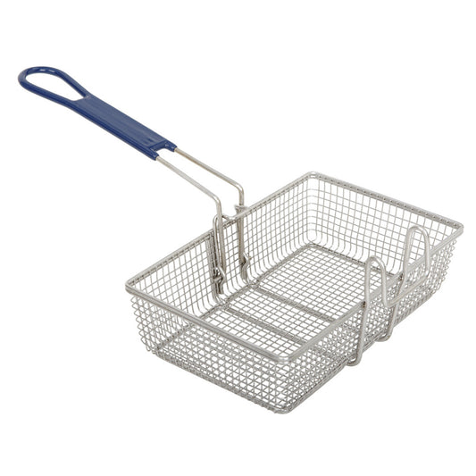 A stainless steel wire mesh fry basket with a blue cool touch handle designed for a 2.5-gallon Bayou Fryer.