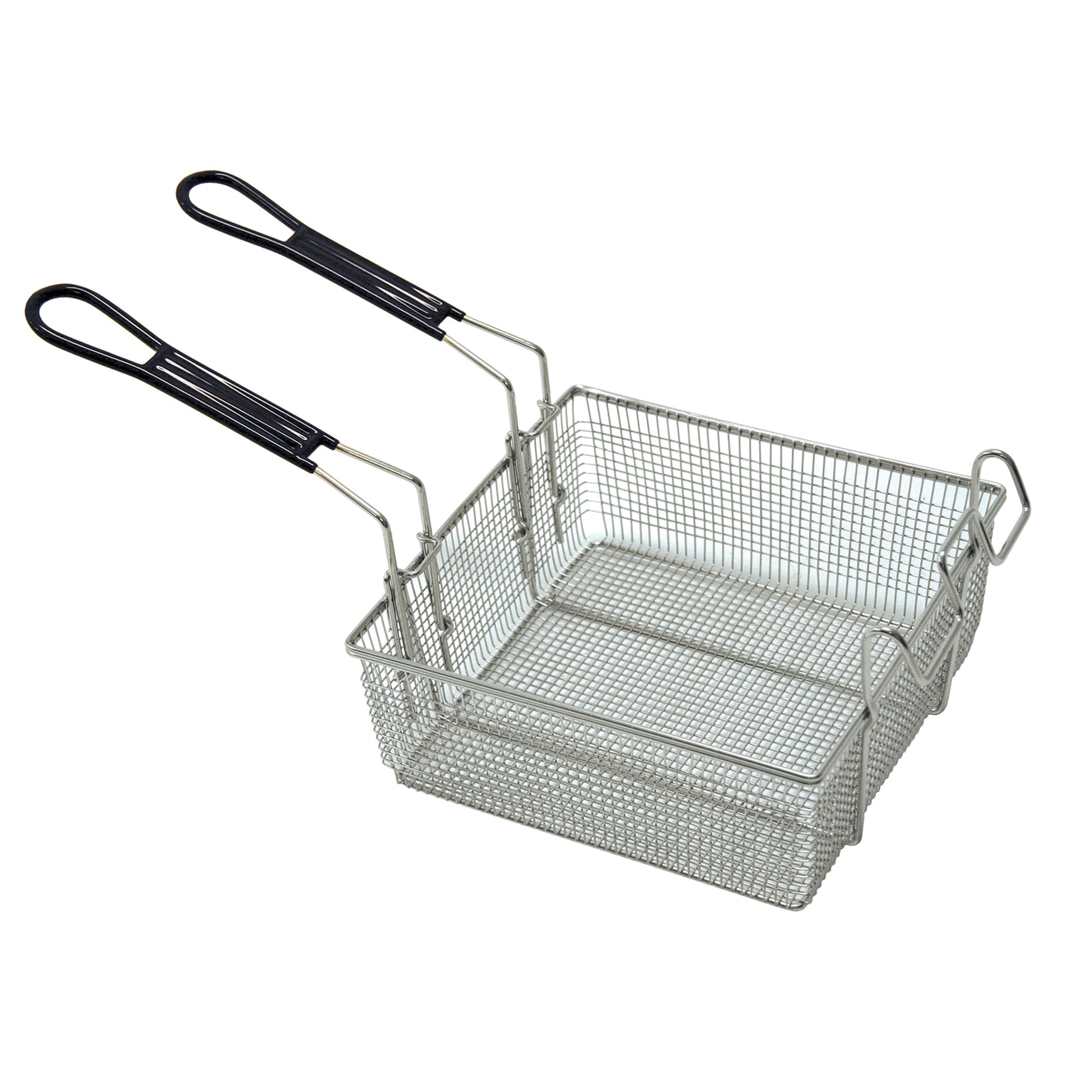 A stainless double mesh basket with detachable black handles on a white background
