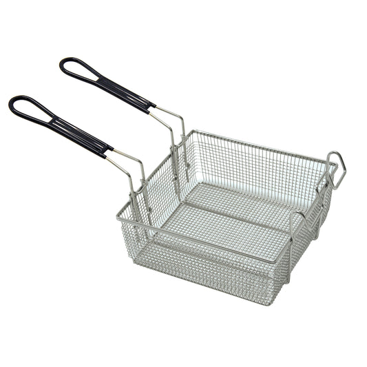 A stainless double mesh basket with detachable black handles on a white background