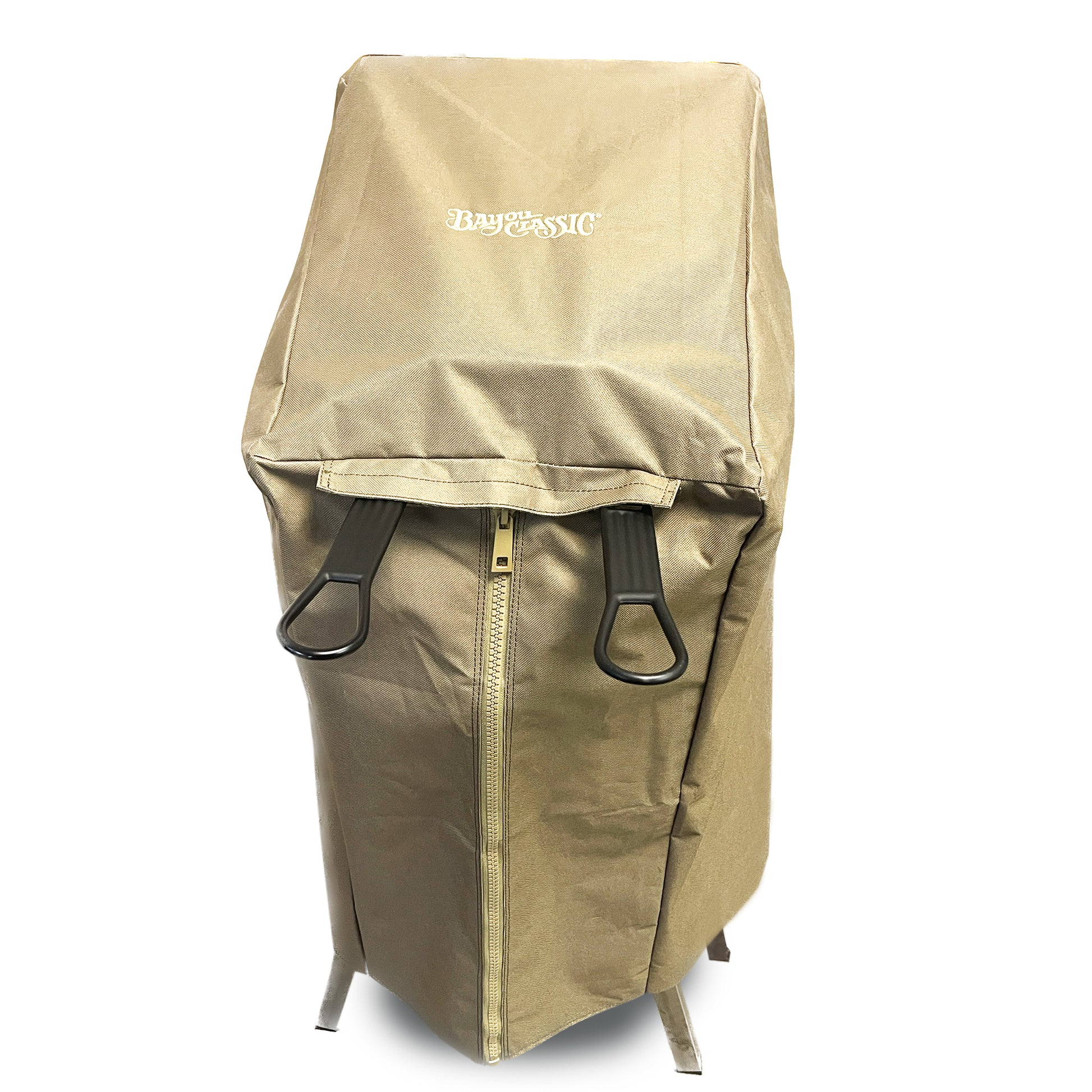 A brown canvas cover for a 4-gallon Bayou Fryer, featuring a zipper and Velcro openings on a white background