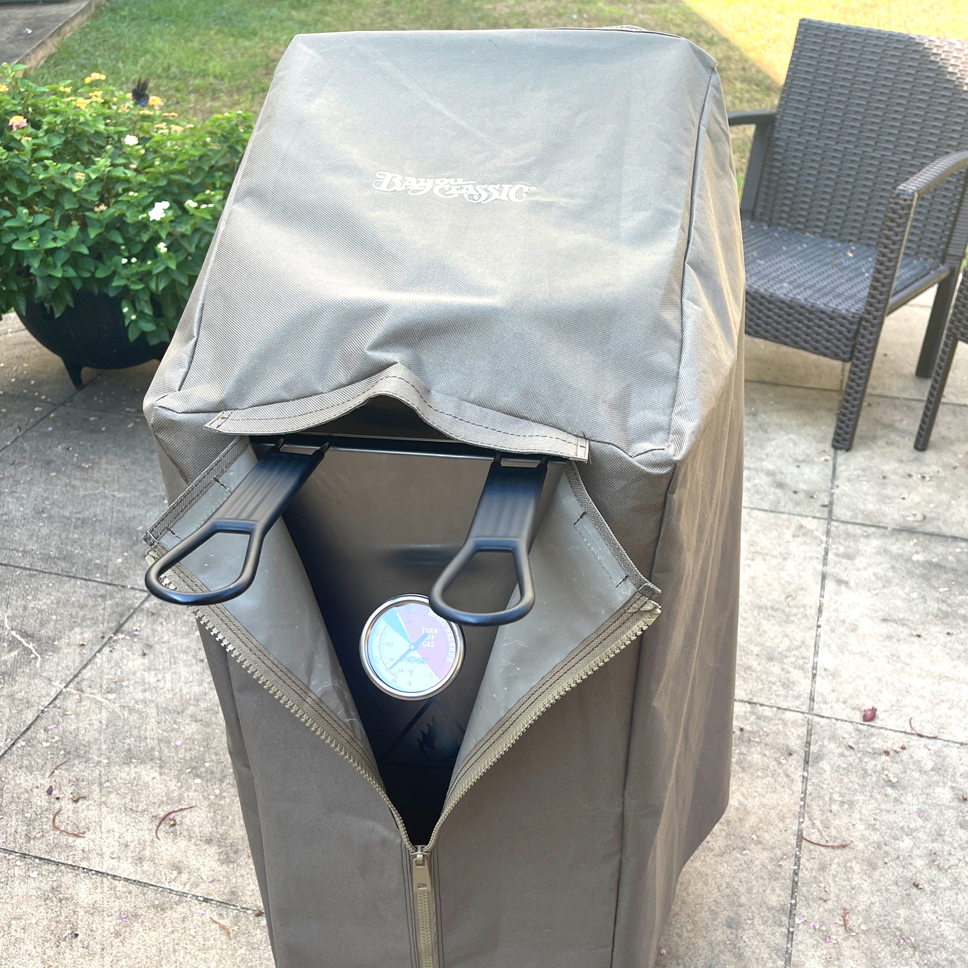 Canvas brown cover on 4-gal Bayou Fryer on a patio setting
