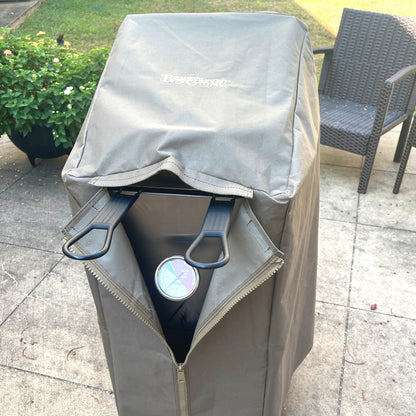 Canvas brown cover on 4-gal Bayou Fryer on a patio setting