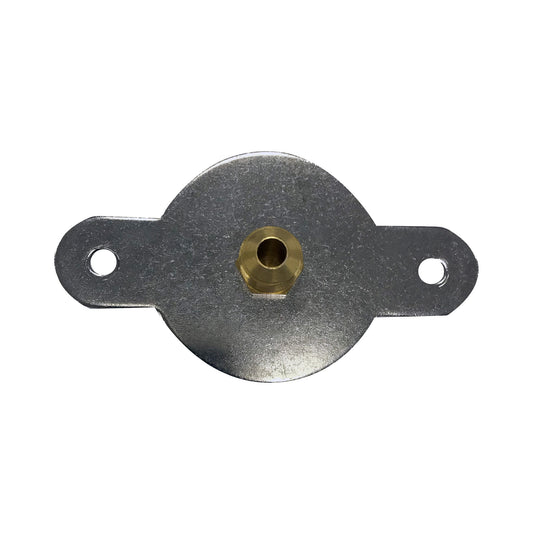A stainless back plate with a brass fitting, designed for use with Bayou Fryers.