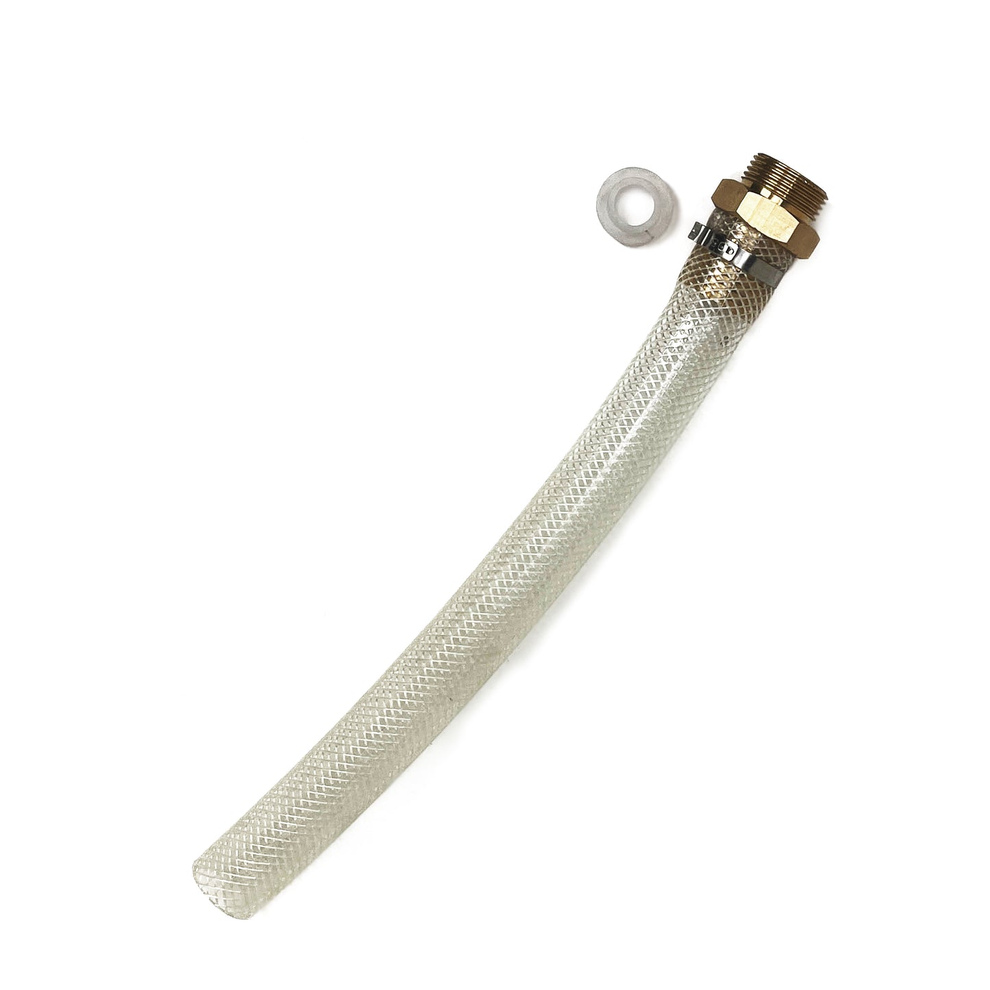 A clear, flexible drain extension hose with a brass connector at one end, designed for use with a Bayou fryer on a white background