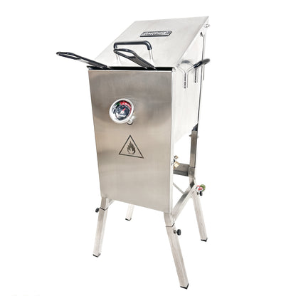 Stainless steel 4-gallon bayou fryer on a white background