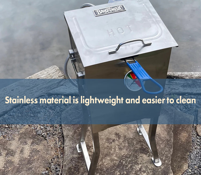 2.5-gal Stainless Bayou Fryer outside with text reading stainless material is lightweight and easier to clean