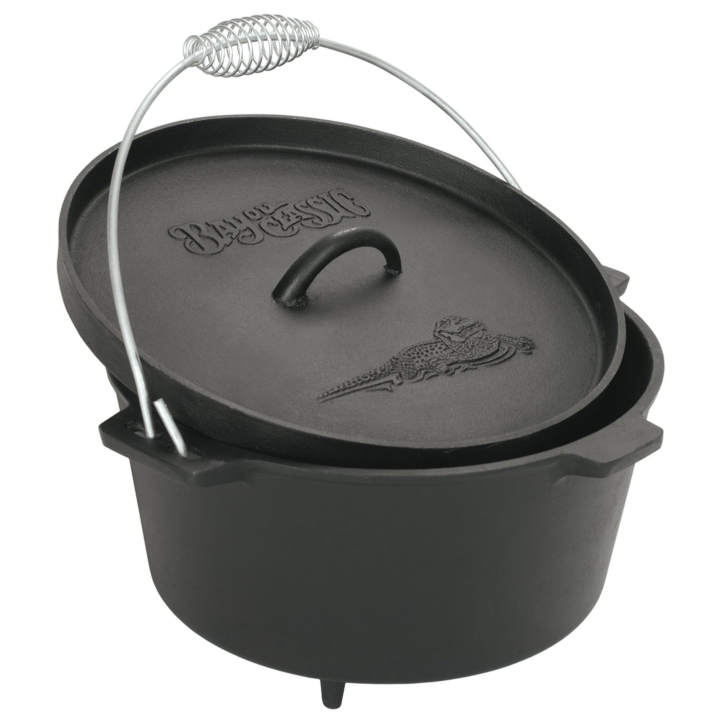 A black 8-qt Cast Iron Dutch Oven with feet, a flanged lid, and wire coiled handle on a white background