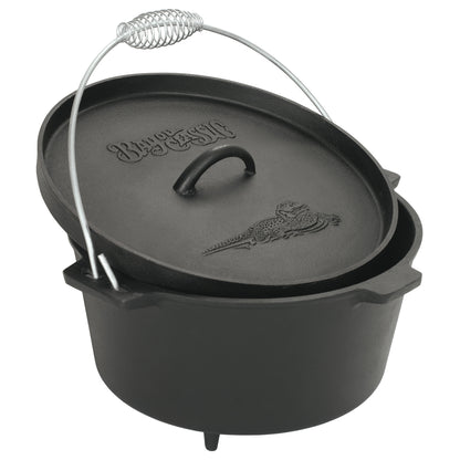 A black 8-qt Cast Iron Dutch Oven with feet, a flanged lid, and wire coiled handle on a white background