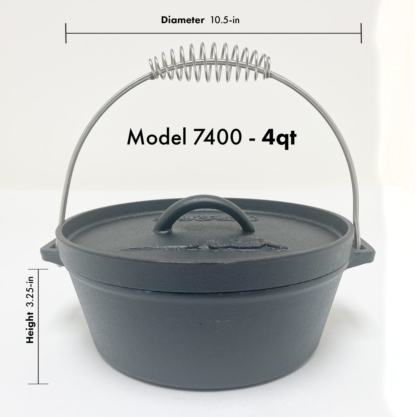 Model 7400 4-qt cast iron pot with coil handle on a white background. Dimensions read 10.5-in diameter and 3.25-in height.