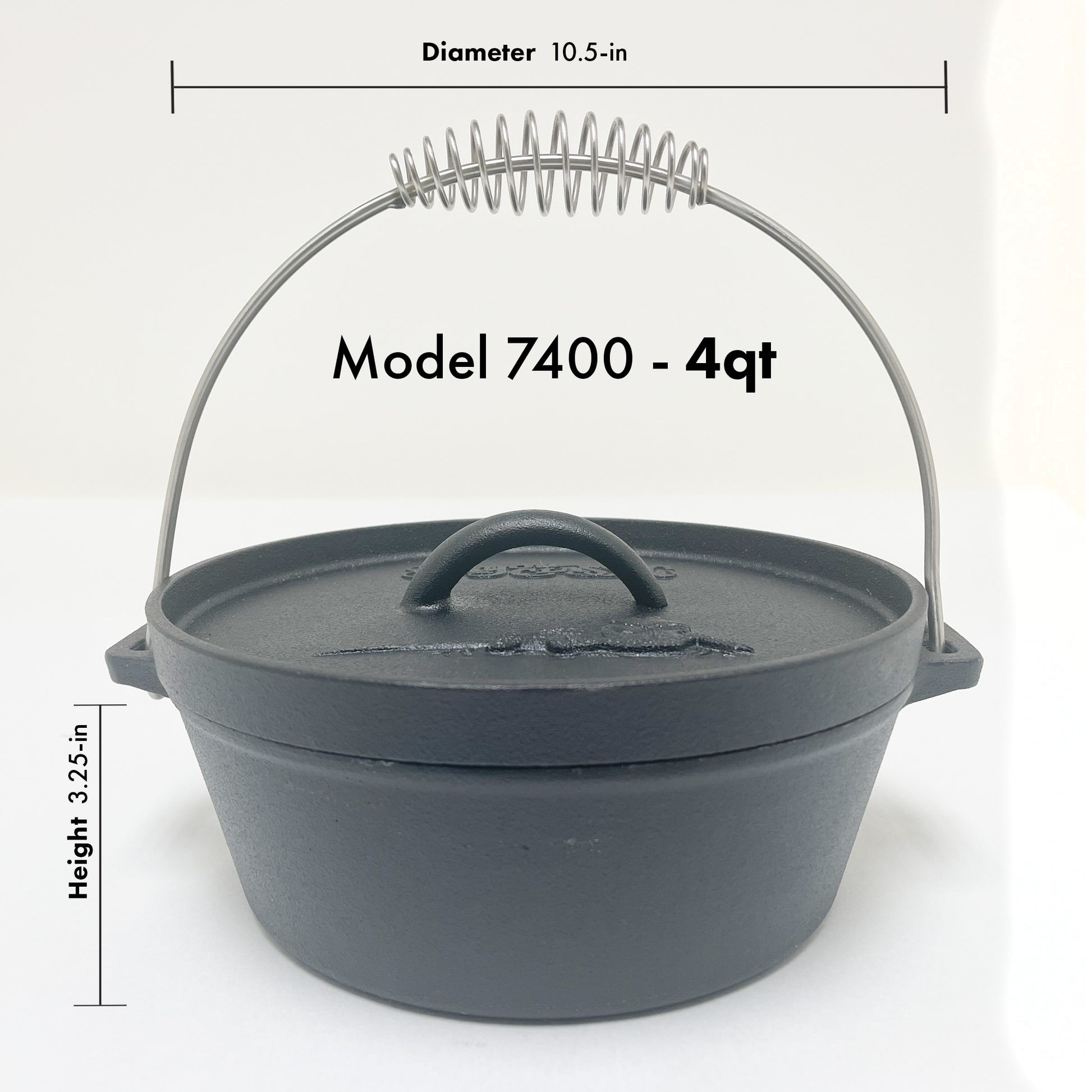 Model 7400 4-qt cast iron pot with coil handle on a white background. Dimensions read 10.5-in diameter and 3.25-in height.