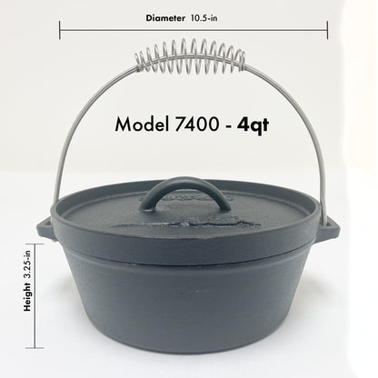 Model 7400 4-qt cast iron pot with coil handle on a white background. Dimensions read 10.5-in diameter and 3.25-in height.