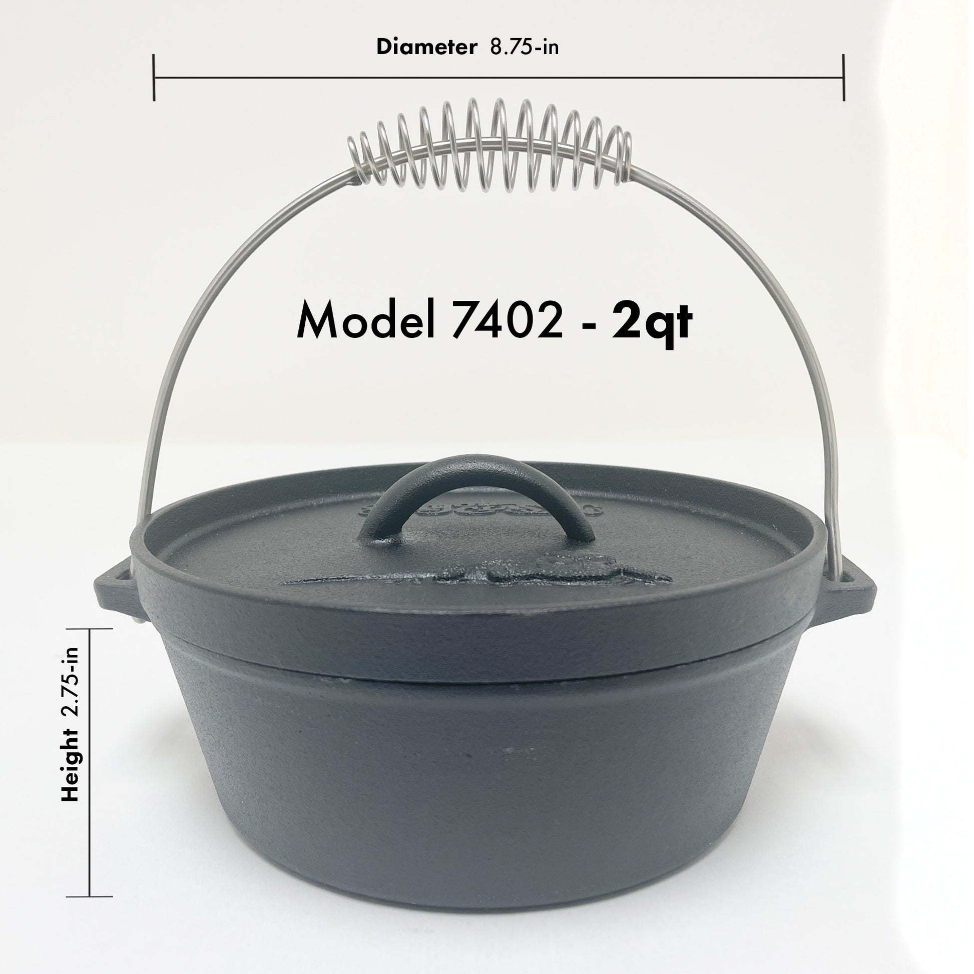 Model 7402 2-qt cast iron pot with coil handle on a white background. Dimensions read 8.75-in diameter and 2.75-in height.