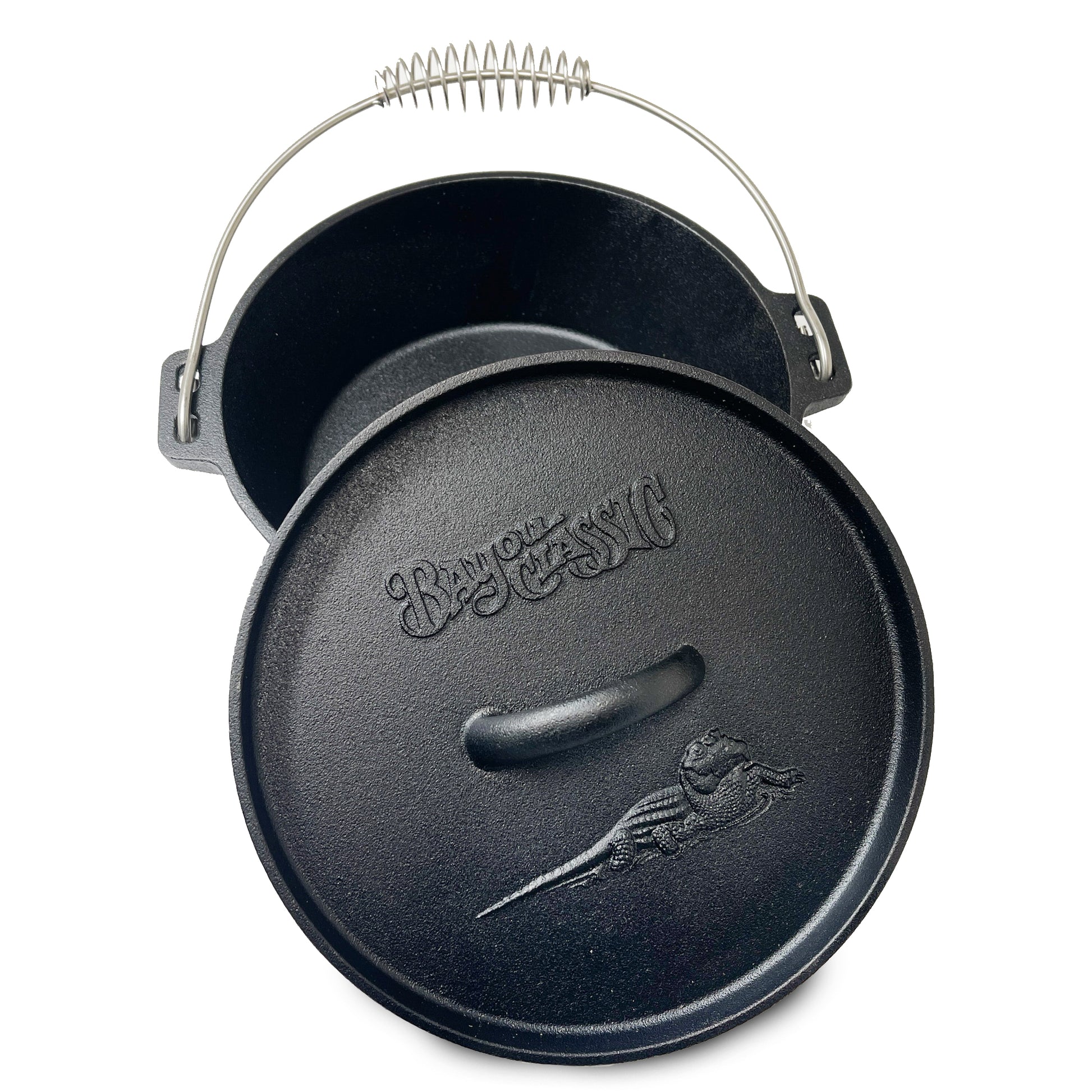 A black cast iron Dutch Oven with a flanged lid and a stainless coil wire handle grip. The lid features an embossed alligator logo on a white background.
