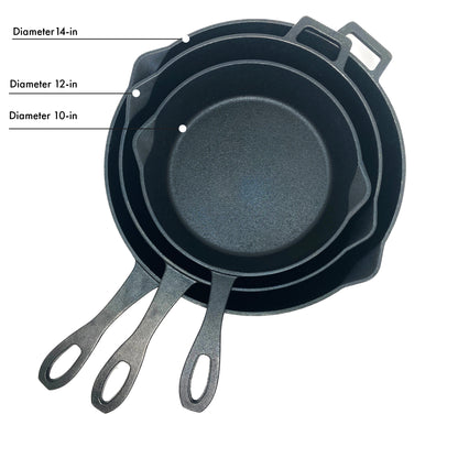 Set of three cast iron skillets on a white background. Larger skillet is 14-in diameter. Medium skillet is 12-in diameter. Smaller skillet is 10-in diameter.