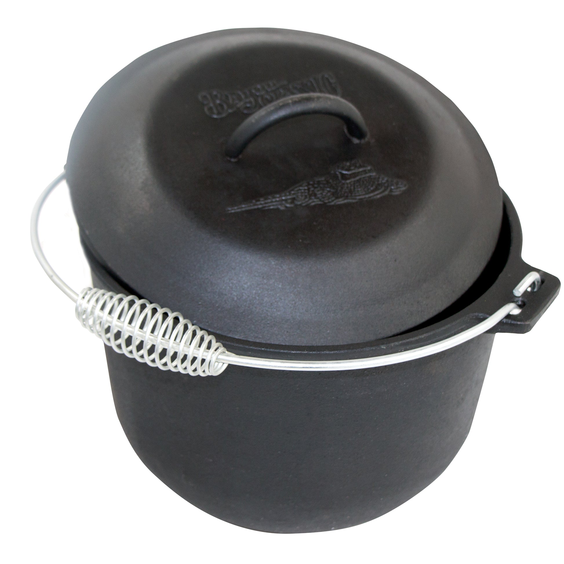 A black 6-qt cast iron soup pot with a domed lid and a coiled wire handle on a white background.