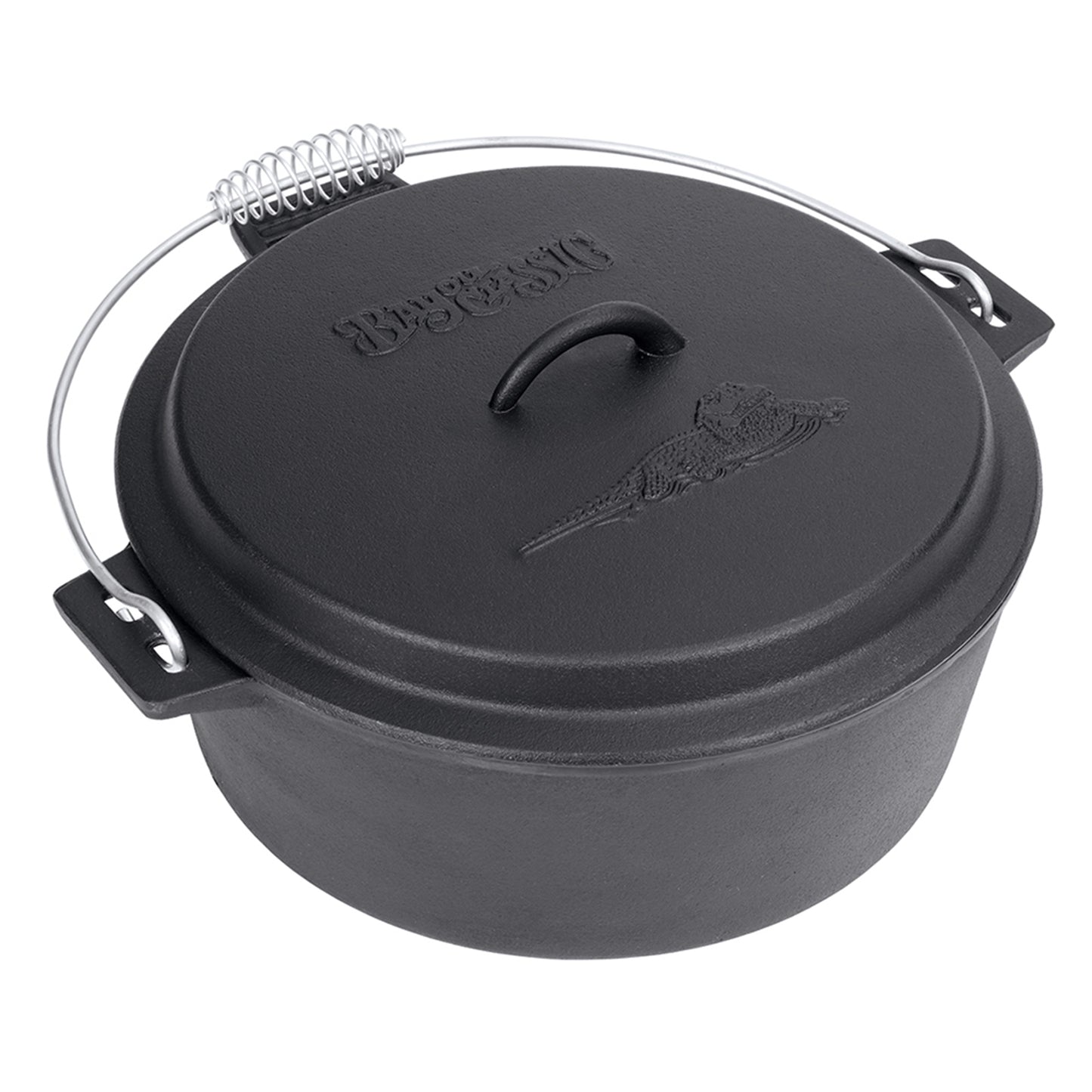 A black cast iron chicken fryer with a domed lid and coiled wire handle on a white background