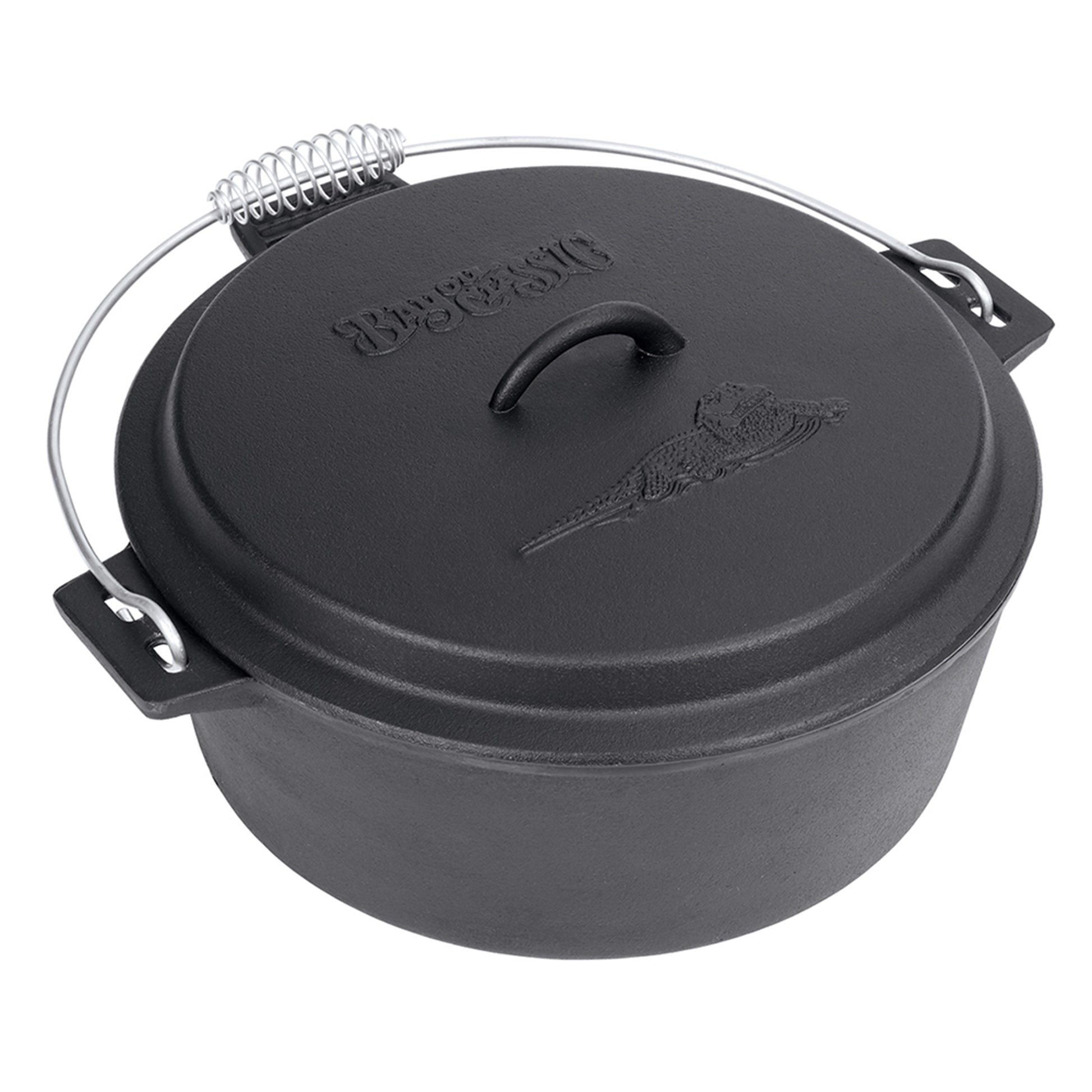 A black cast iron chicken fryer with a domed lid and coiled wire handle on a white background