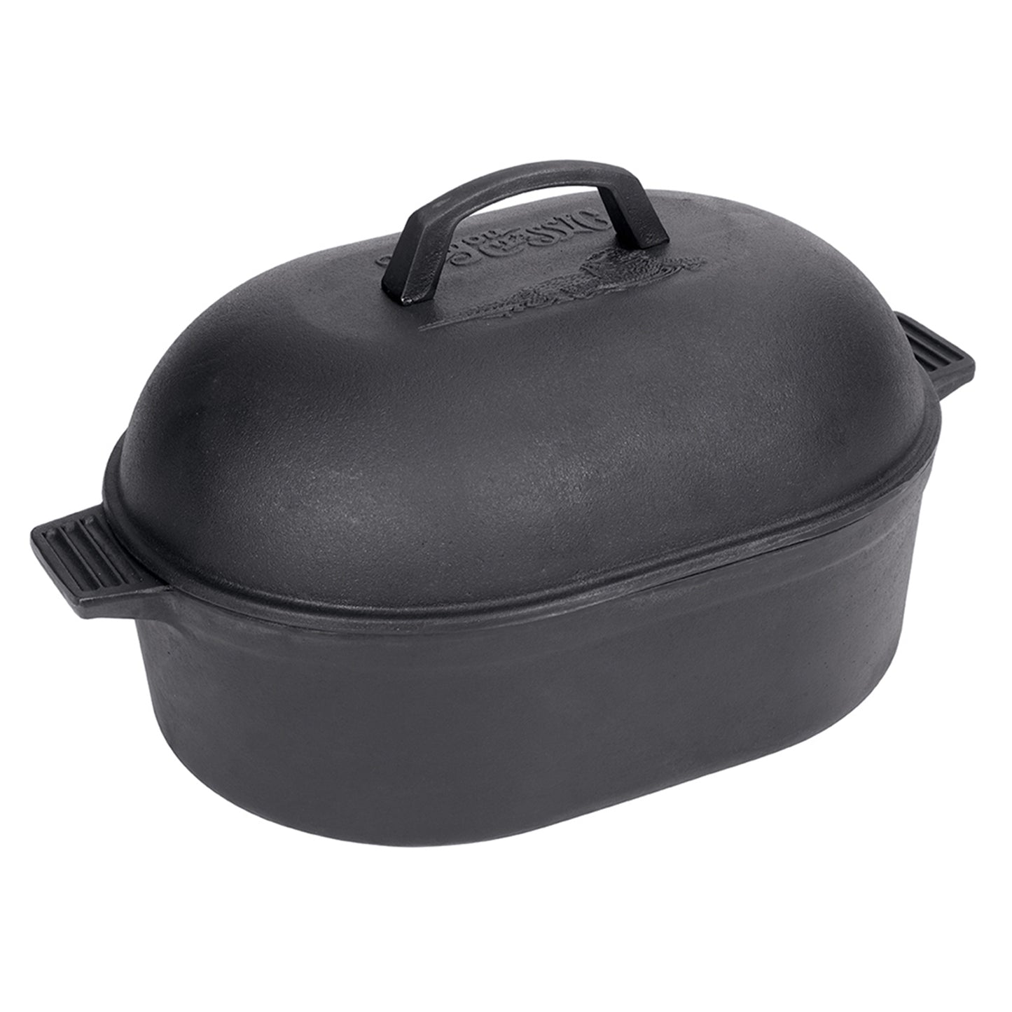 A black cast iron oval roaster with a domed lid and side handles on a white background