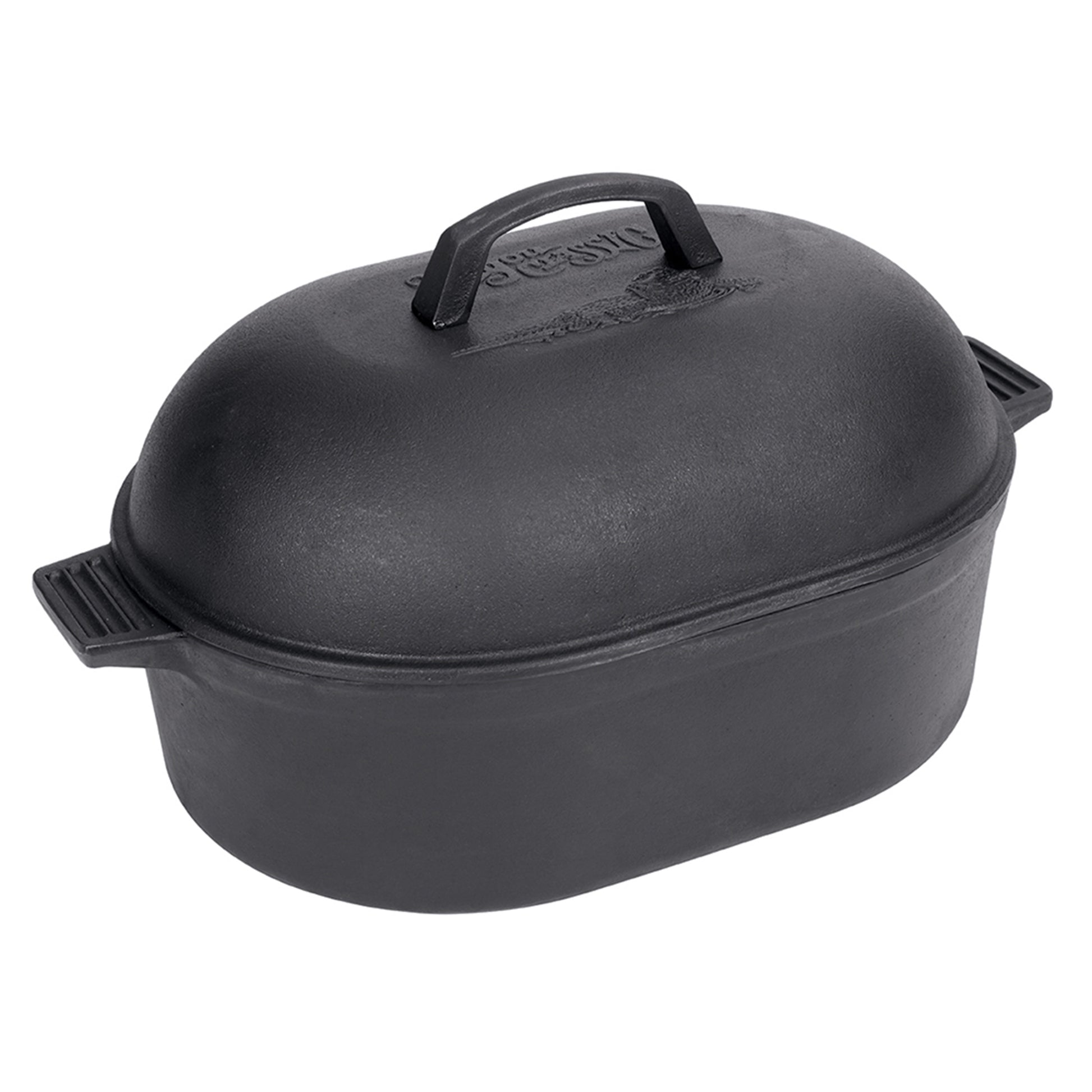 A black cast iron oval roaster with a domed lid and side handles on a white background
