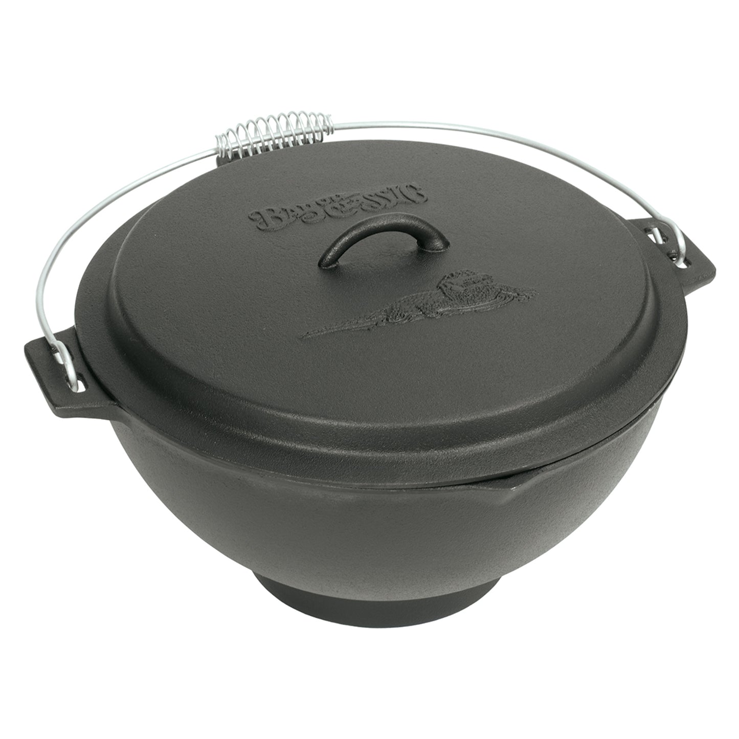 A black cast iron jambalaya kettle with a domed lid and a coil wire handle on a white background