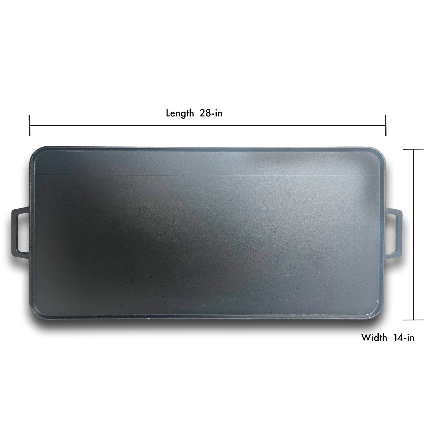 Cast Iron Griddle on a white background with dimensions of 28-in length and 14-in width