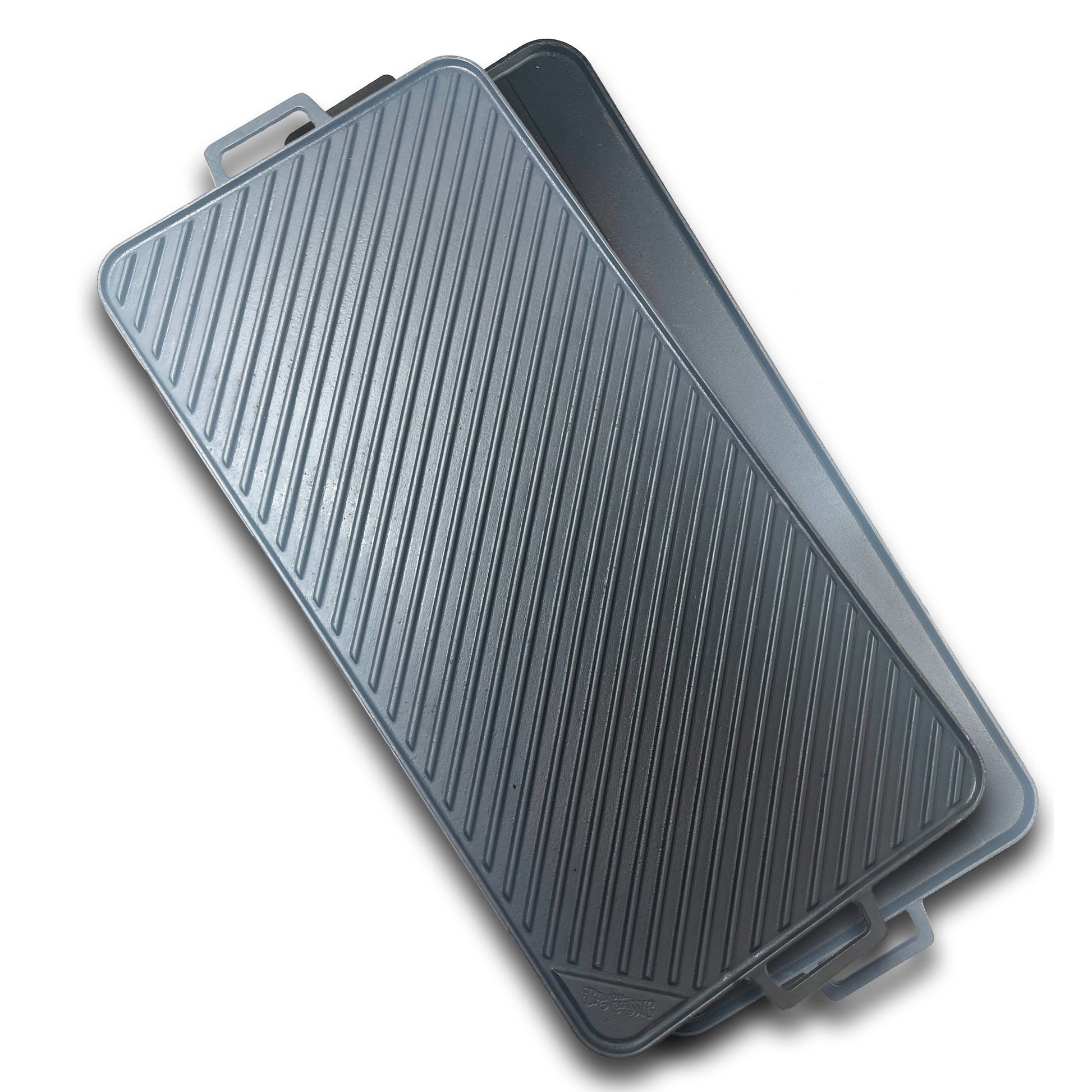 A 28-inch reversible cast iron griddle with a flat side and ribbed grill side on a white background