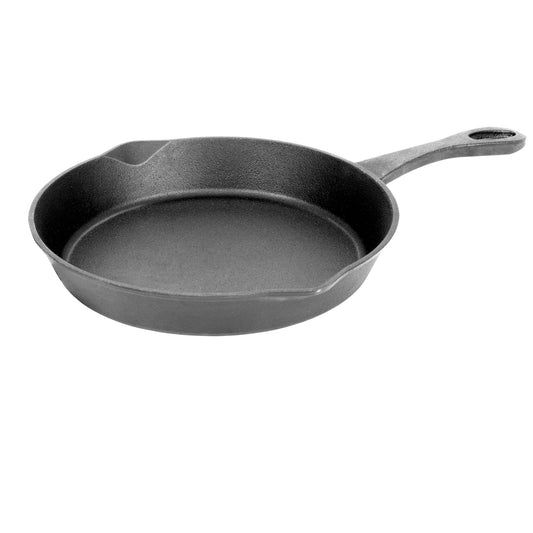 A 10-inch black cast iron skillet on a white background