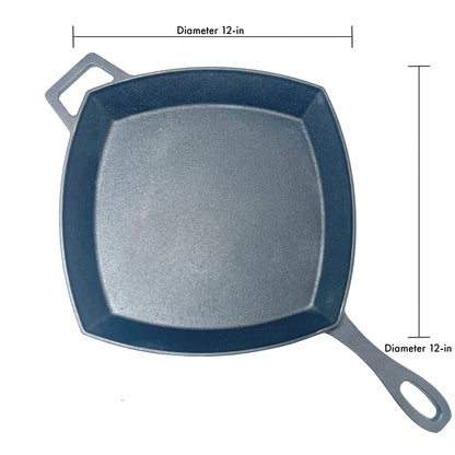 Overview of square cast iron skillet showing dimensions of 12-in Diameter on a white background