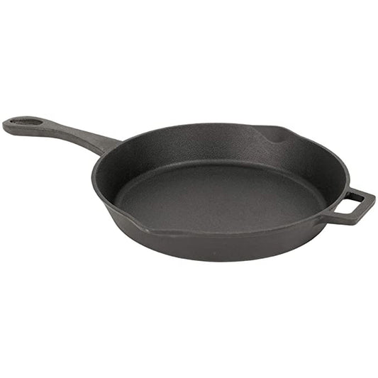 A black cast iron skillet with a handle and pour spouts on a white background